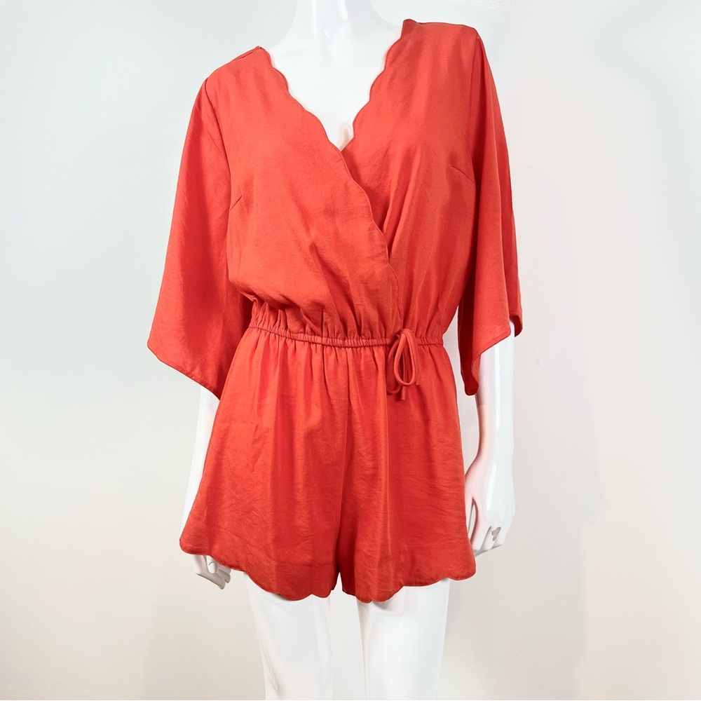 umgee USA Small Women’s Orange Romper Scalloped Edge Sleeve Crossover Tassel